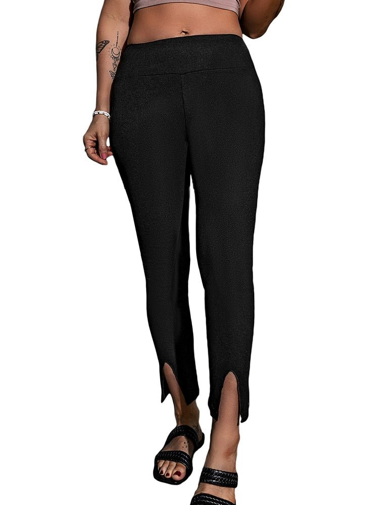 Fashion Wind Black Rib Knitting High Waist Slit Leggings Women 2024 Fall New Arrival Skinny Tappered Pants Women - Kaiju Mafia