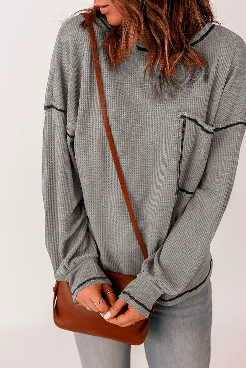 Spring New Arrival Pure Color Waffle Knitting T-shirt Female European and American Leisure Wind Pullover round Neck Long Sleeve Top Female - Kaiju Mafia