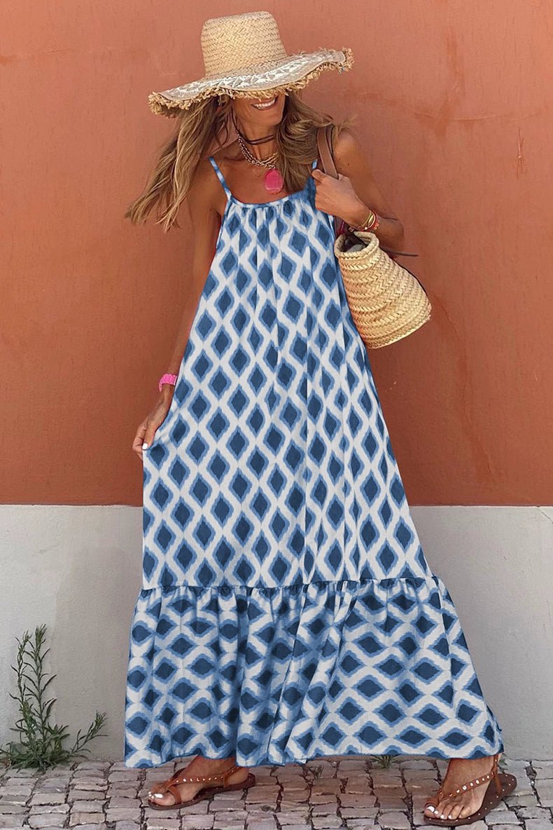 Fashion Geometric Print Sling Long Dress 2024 Summer New Arrival Loose Waist round Neck Sleeveless Thin Dress - Kaiju Mafia