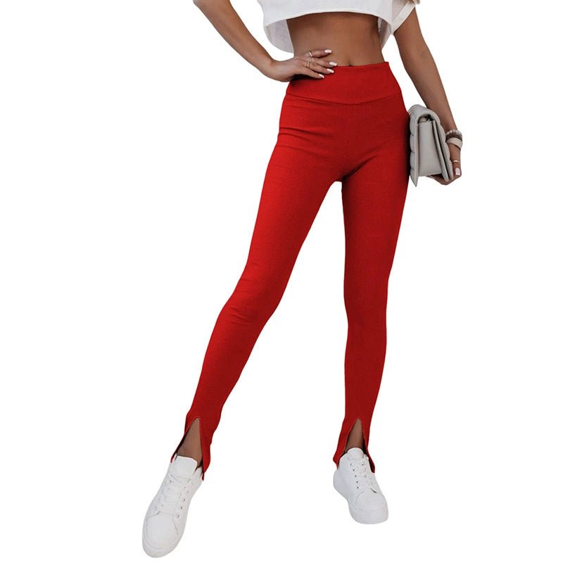 Fashion Wind Black Rib Knitting High Waist Slit Leggings Women 2024 Fall New Arrival Skinny Tappered Pants Women - Kaiju Mafia