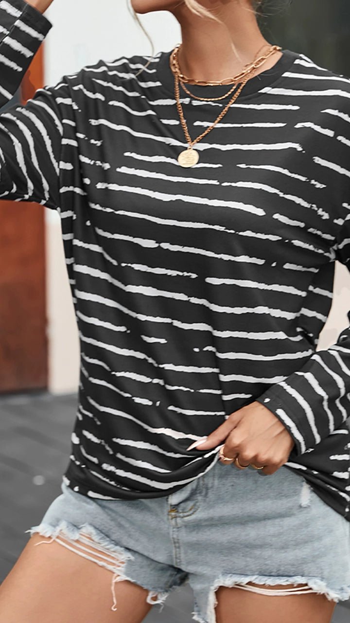 Stripes Thin Tops round Neck Pullover Long Sleeves T-shirt - Kaiju Mafia