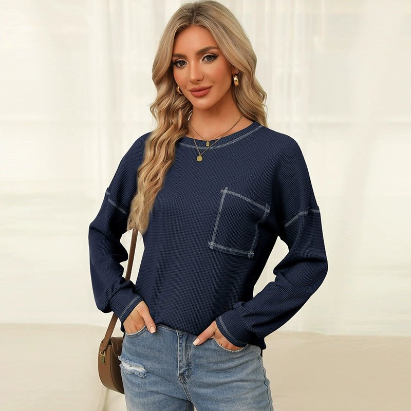 Spring New Arrival Pure Color Waffle Knitting T-shirt Female European and American Leisure Wind Pullover round Neck Long Sleeve Top Female - Kaiju Mafia