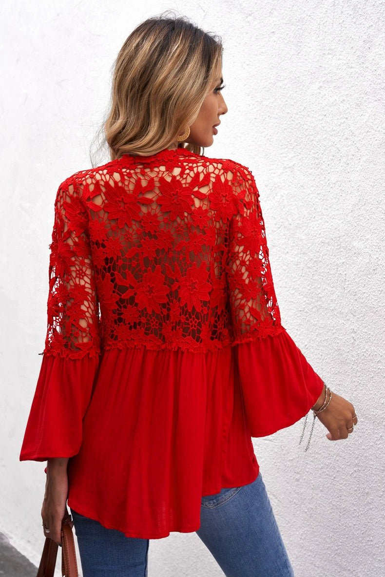 Fashion V Neck Chiffon Shirt Loose Long Sleeves Pullover Lace - Kaiju Mafia