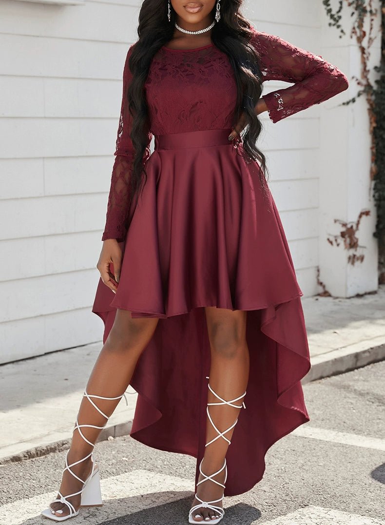 Dilamon Fall and Winter New round Neck Long Sleeves Lace Lace Dovetail Satin Prom Party Dress Dress Long Dress - Kaiju Mafia