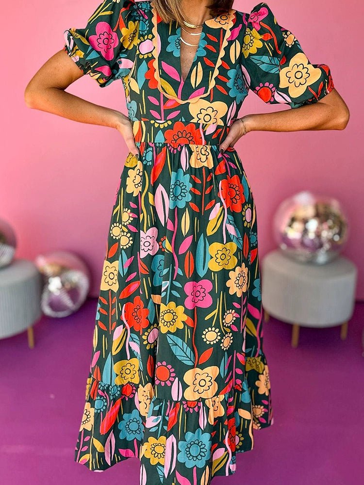 Fashion Short Sleeve Dress Summer Slimming Florals Print - Kaiju Mafia