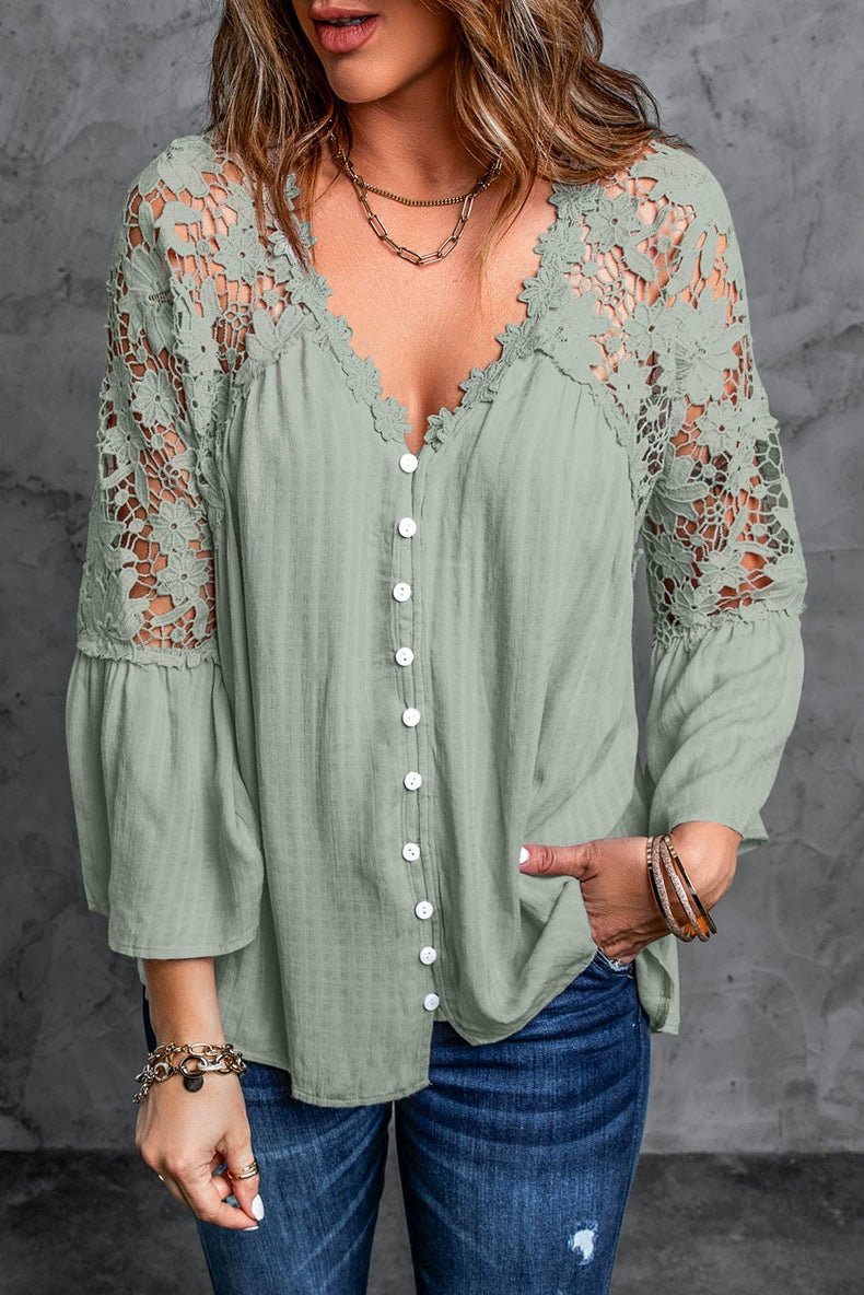 Fashion V Neck Chiffon Shirt Loose Long Sleeves Pullover Lace - Kaiju Mafia