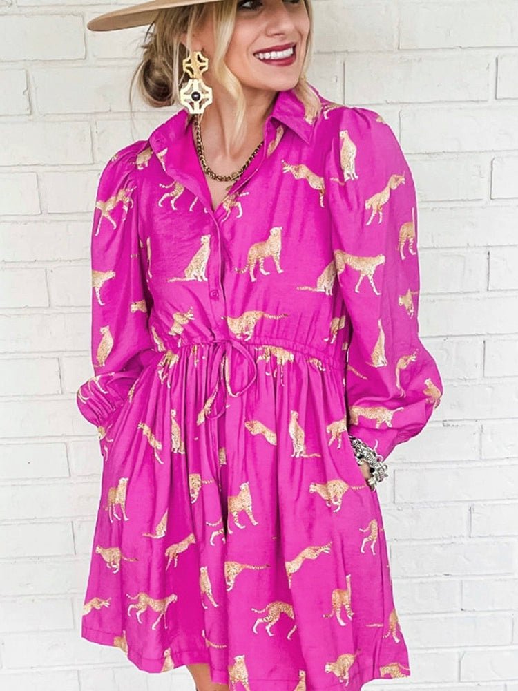 Fashion Leopard Print Long Sleeves Dress Women 2024 Spring New Arrival Casual Versatile Personality Knee - Length Skirt Short Skirt Women - Kaiju Mafia