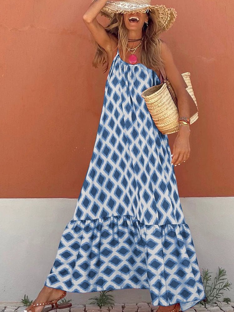 Fashion Geometric Print Sling Long Dress 2024 Summer New Arrival Loose Waist round Neck Sleeveless Thin Dress - Kaiju Mafia