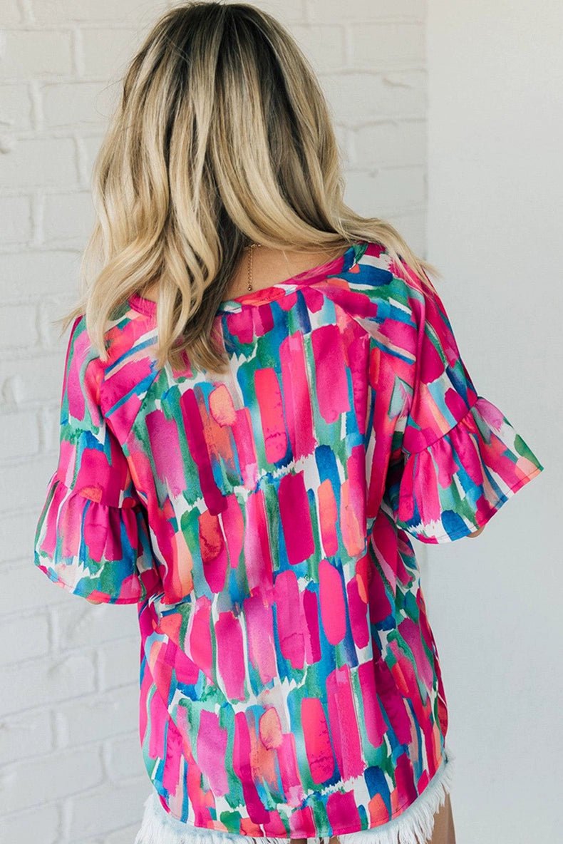 Fashion Abstract Stroke Print Short - Sleeved Chiffon Shirt Tops Women&