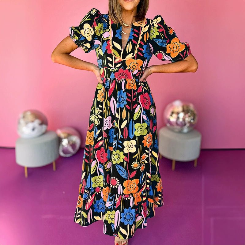 Fashion Short Sleeve Dress Summer Slimming Florals Print - Kaiju Mafia