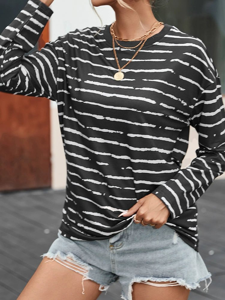 Stripes Thin Tops round Neck Pullover Long Sleeves T-shirt - Kaiju Mafia