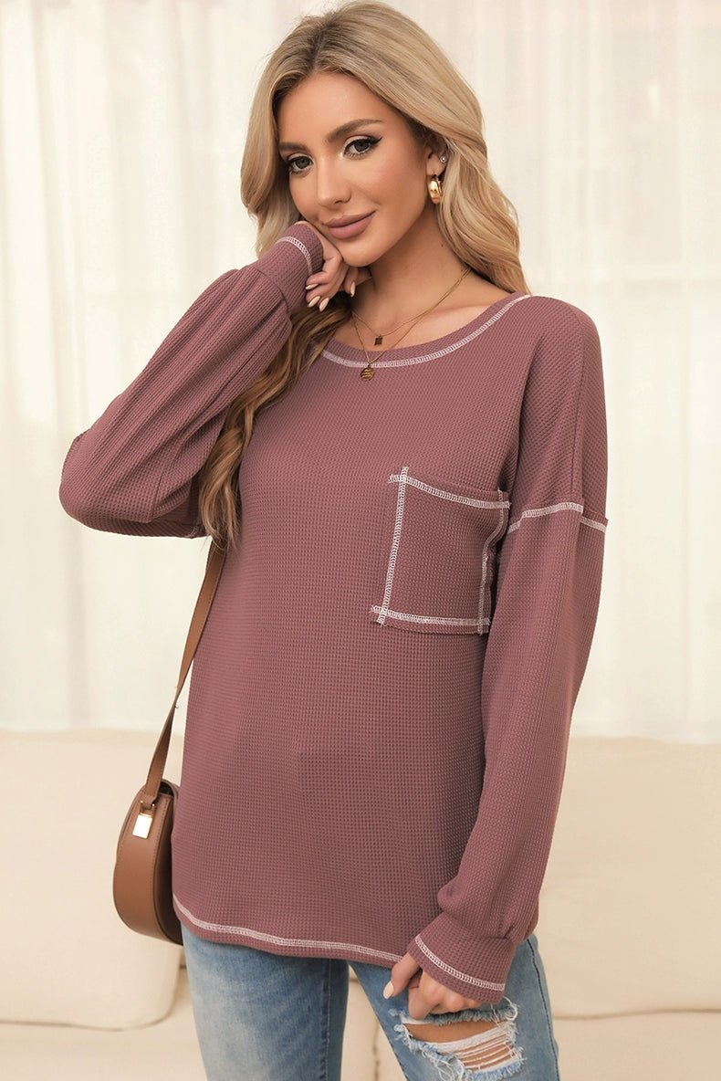 Spring New Arrival Pure Color Waffle Knitting T-shirt Female European and American Leisure Wind Pullover round Neck Long Sleeve Top Female - Kaiju Mafia