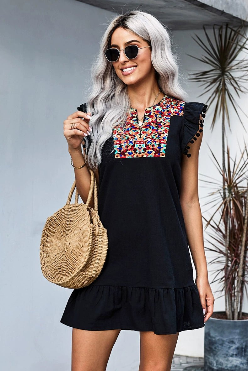 Summer Short Sleeve Fashion Bohemia Knee - Length Skirt Embroider - Kaiju Mafia
