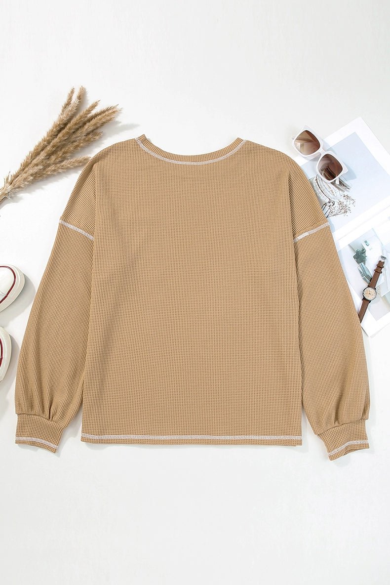 Spring New Arrival Pure Color Waffle Knitting T-shirt Female European and American Leisure Wind Pullover round Neck Long Sleeve Top Female - Kaiju Mafia