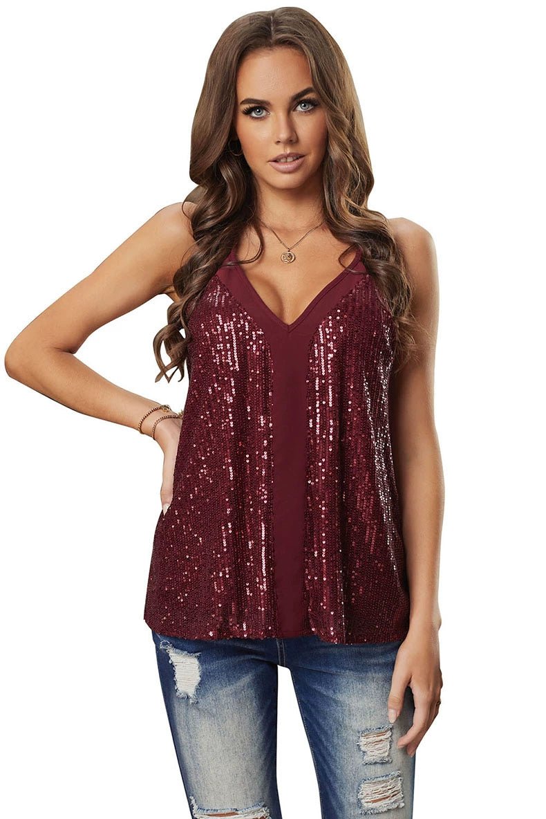 2024 Summer New Arrival Sequin Sling Vest Women Fashion Trendy Fashion All - Match Outwear V Neck Sleeveless Tops Women - Kaiju Mafia