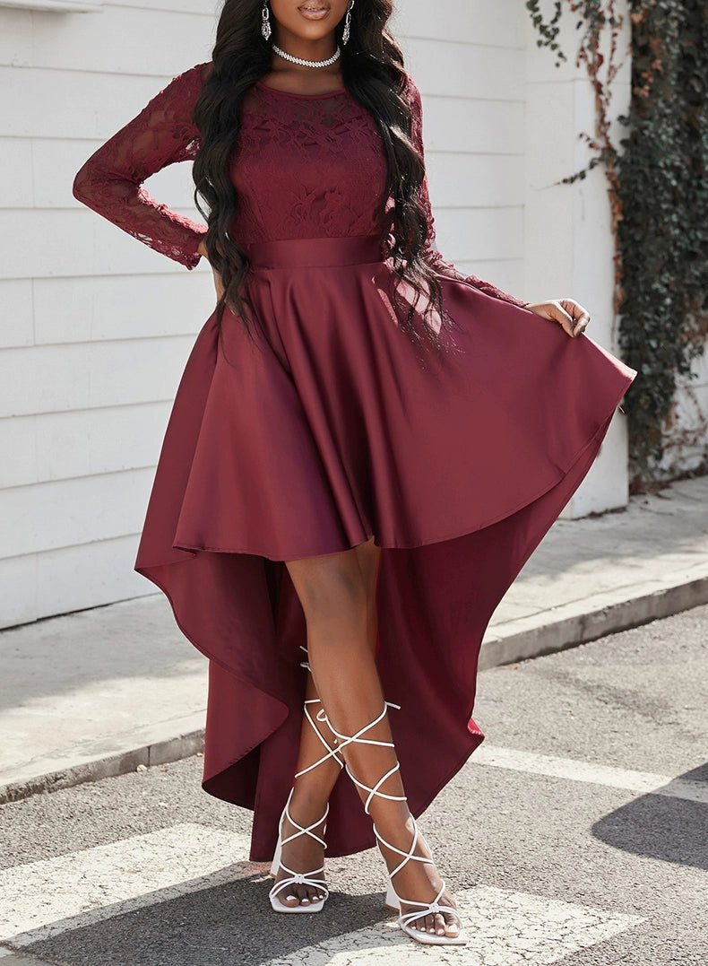 Dilamon Fall and Winter New round Neck Long Sleeves Lace Lace Dovetail Satin Prom Party Dress Dress Long Dress - Kaiju Mafia