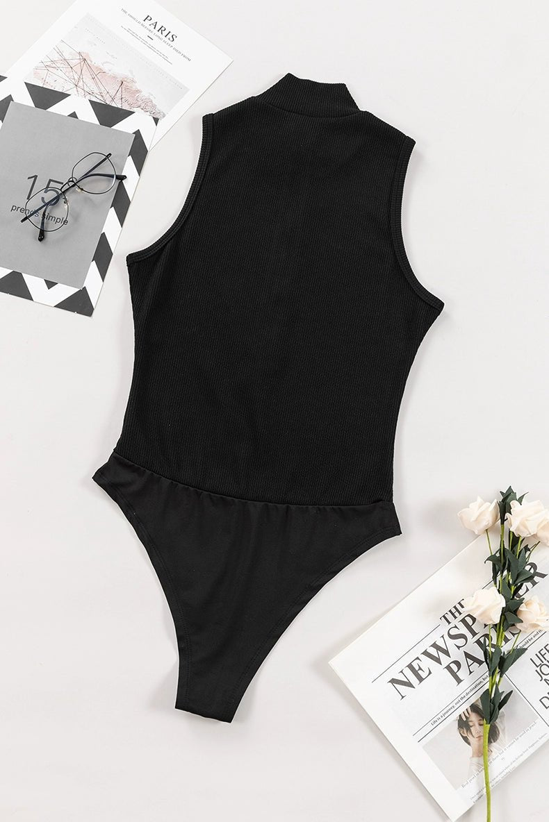 Fashion Pure Color Zipped Stand Collar Sleeveless Leotard Women&