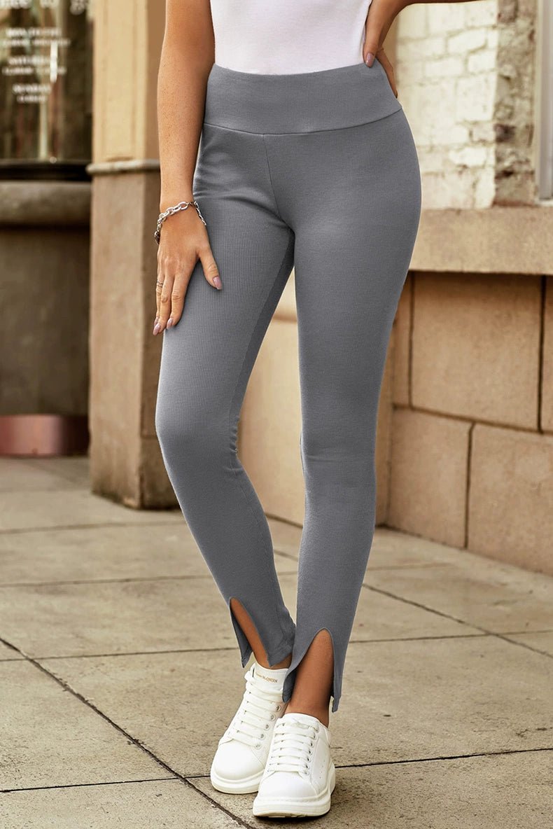 Fashion Wind Black Rib Knitting High Waist Slit Leggings Women 2024 Fall New Arrival Skinny Tappered Pants Women - Kaiju Mafia
