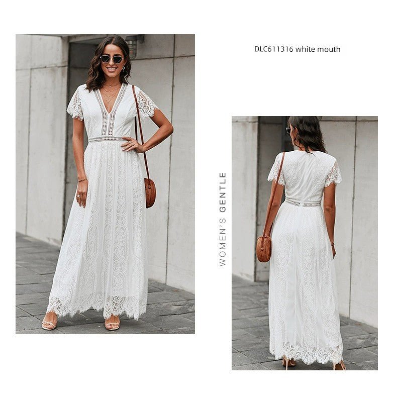 V Neck Fashion White Fairy Lace Dress Short Sleeve - Kaiju Mafia