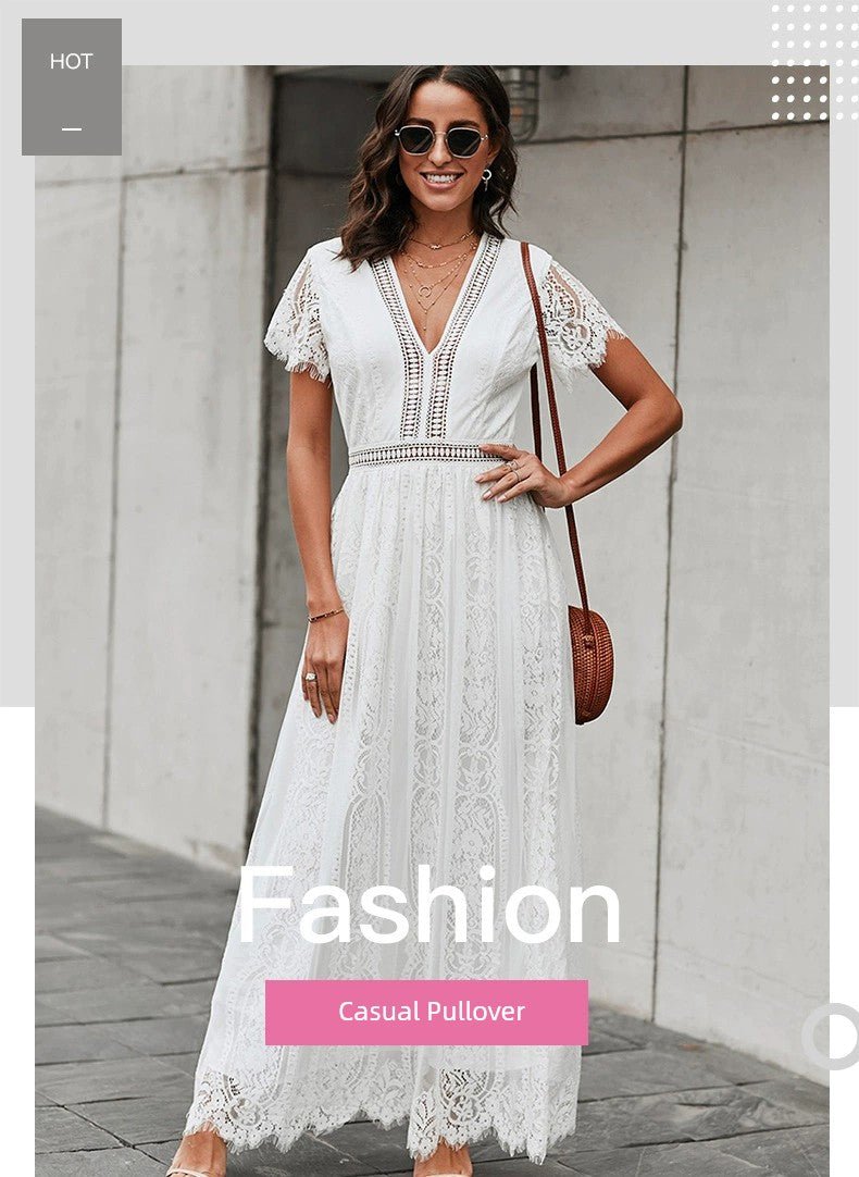 V Neck Fashion White Fairy Lace Dress Short Sleeve - Kaiju Mafia