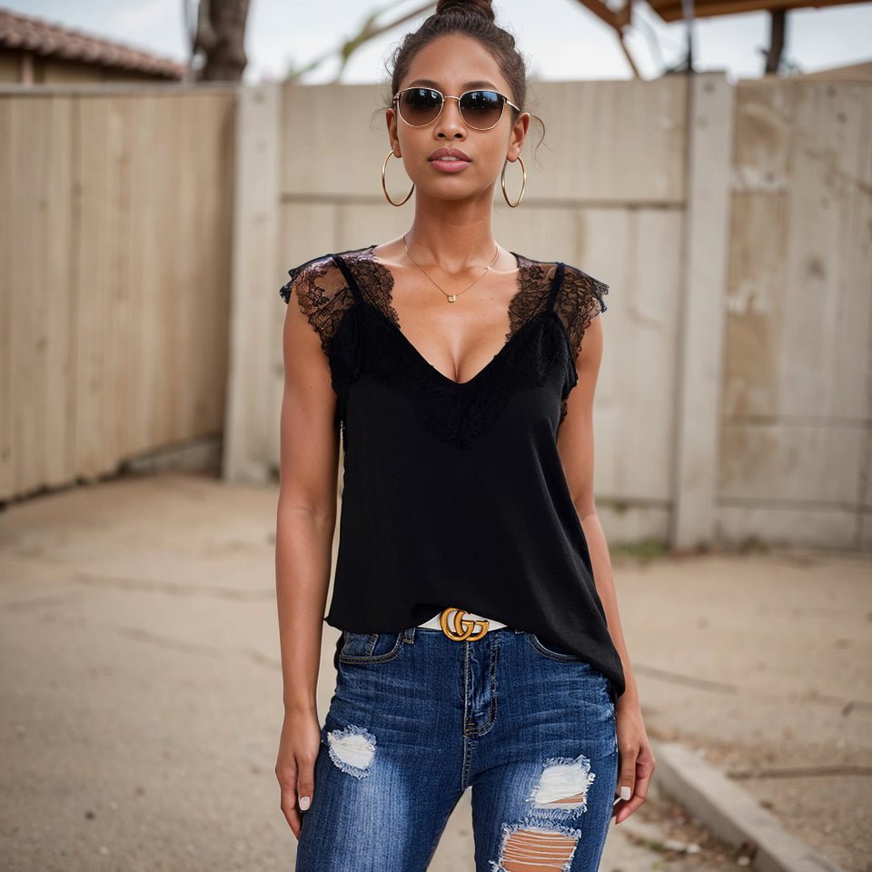 V Neck Loose Black Sleeveless Bottoming Top Lace - Kaiju Mafia