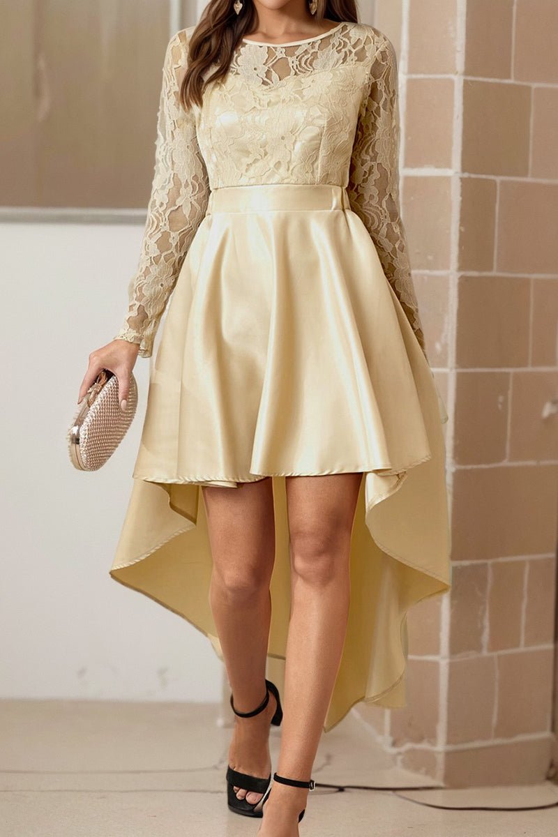 Dilamon Fall and Winter New round Neck Long Sleeves Lace Lace Dovetail Satin Prom Party Dress Dress Long Dress - Kaiju Mafia