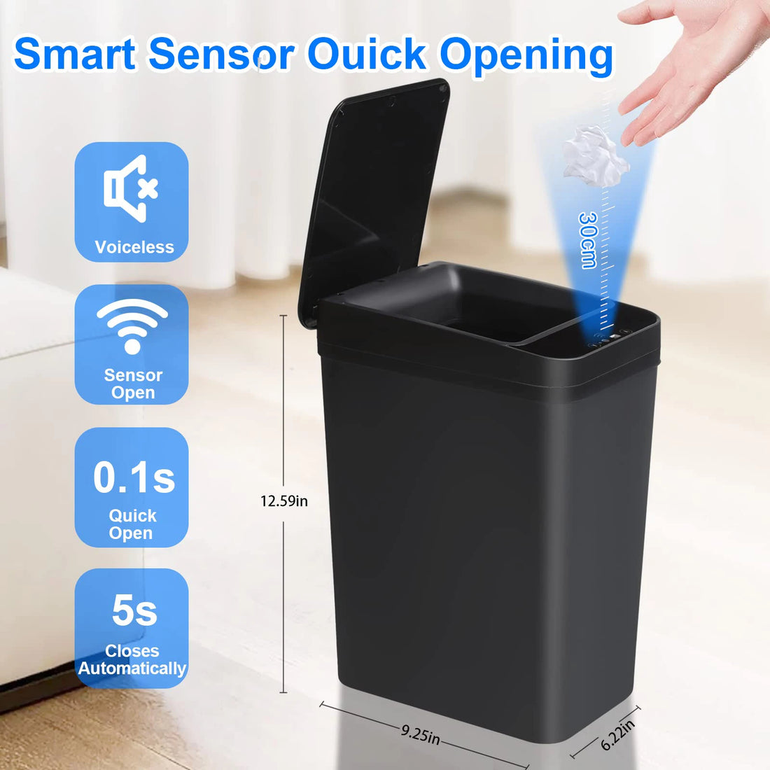 Bathroom Touchless Trash,12L Motion Sensor - Activated Trash Can with Lid,Automatic Kitchen Trash for Office,Living Room,Bedroom - Kaiju Mafia