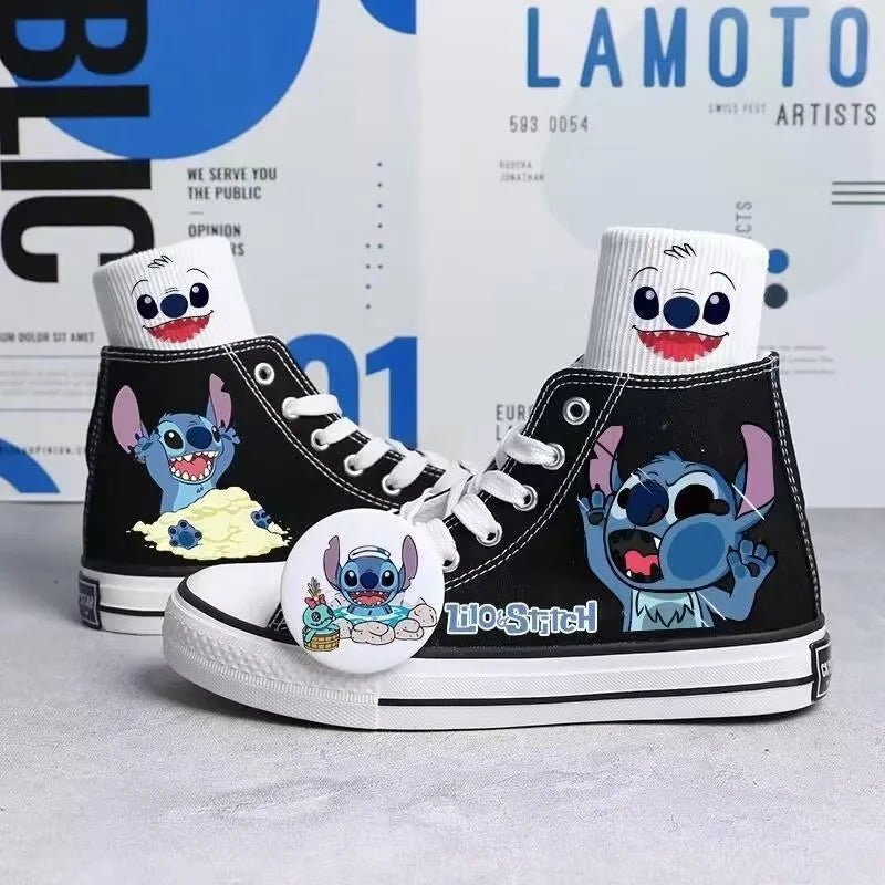 2024 autumn cartoon cute Stitch pattern student high top design sense niche black canvas shoes for men and women couple shoes - Kaiju Mafia