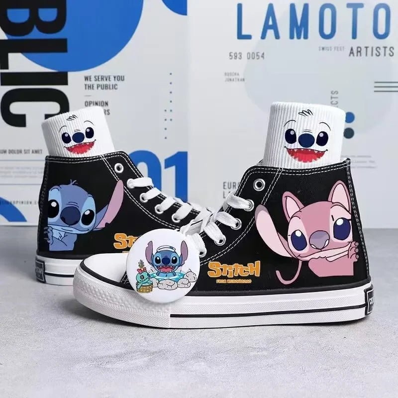 2024 autumn cartoon cute Stitch pattern student high top design sense niche black canvas shoes for men and women couple shoes - Kaiju Mafia