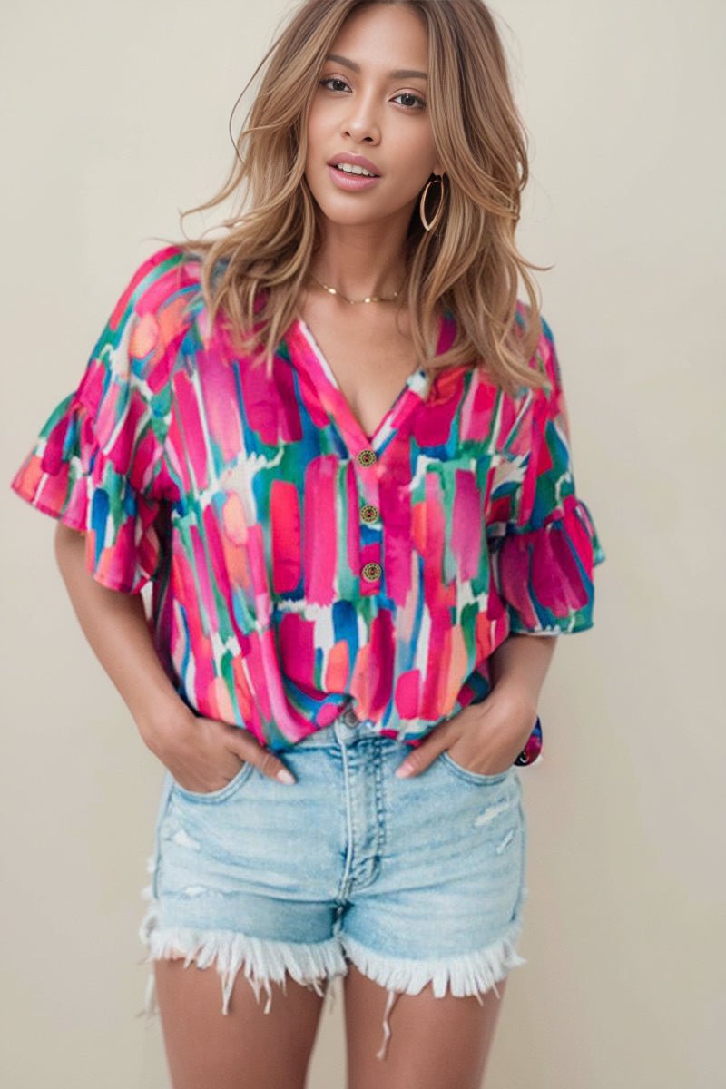Fashion Abstract Stroke Print Short - Sleeved Chiffon Shirt Tops Women&