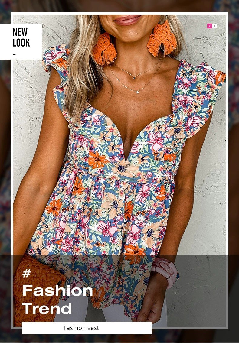 Summer 2024 Florals Print V - neck Outwear Vest for Women Fashion Sweet Lotus Leaf Pullover Sleeveless Tops Women - Kaiju Mafia