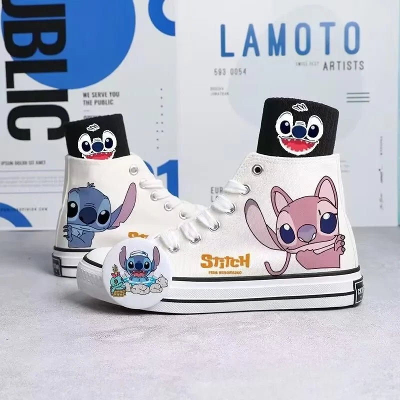 2024 autumn cartoon cute Stitch pattern student high top design sense niche black canvas shoes for men and women couple shoes - Kaiju Mafia