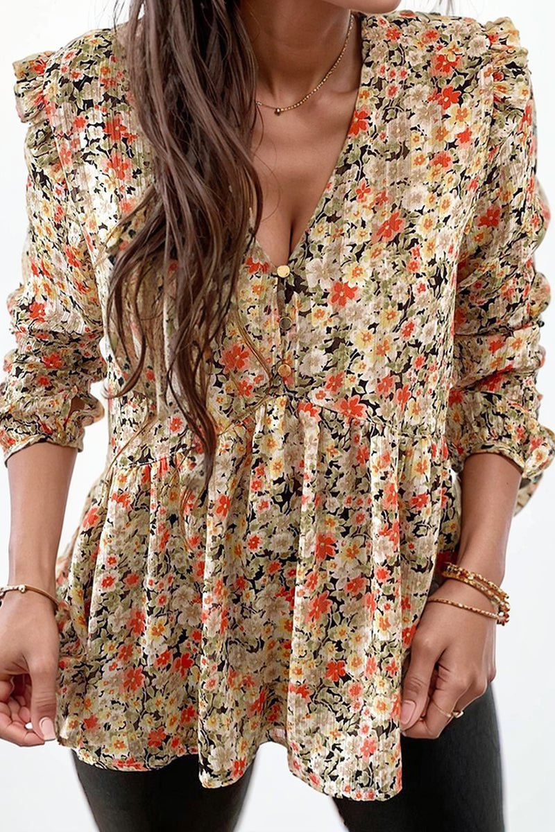 2024 Fall V Neck Floral Print Long Sleeve Pullover Shirt - Slimming Tops Women - Kaiju Mafia