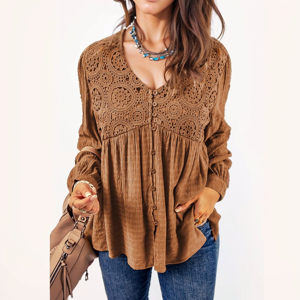 Brown Lace Crochet Shirt - Fall 2024 Women&
