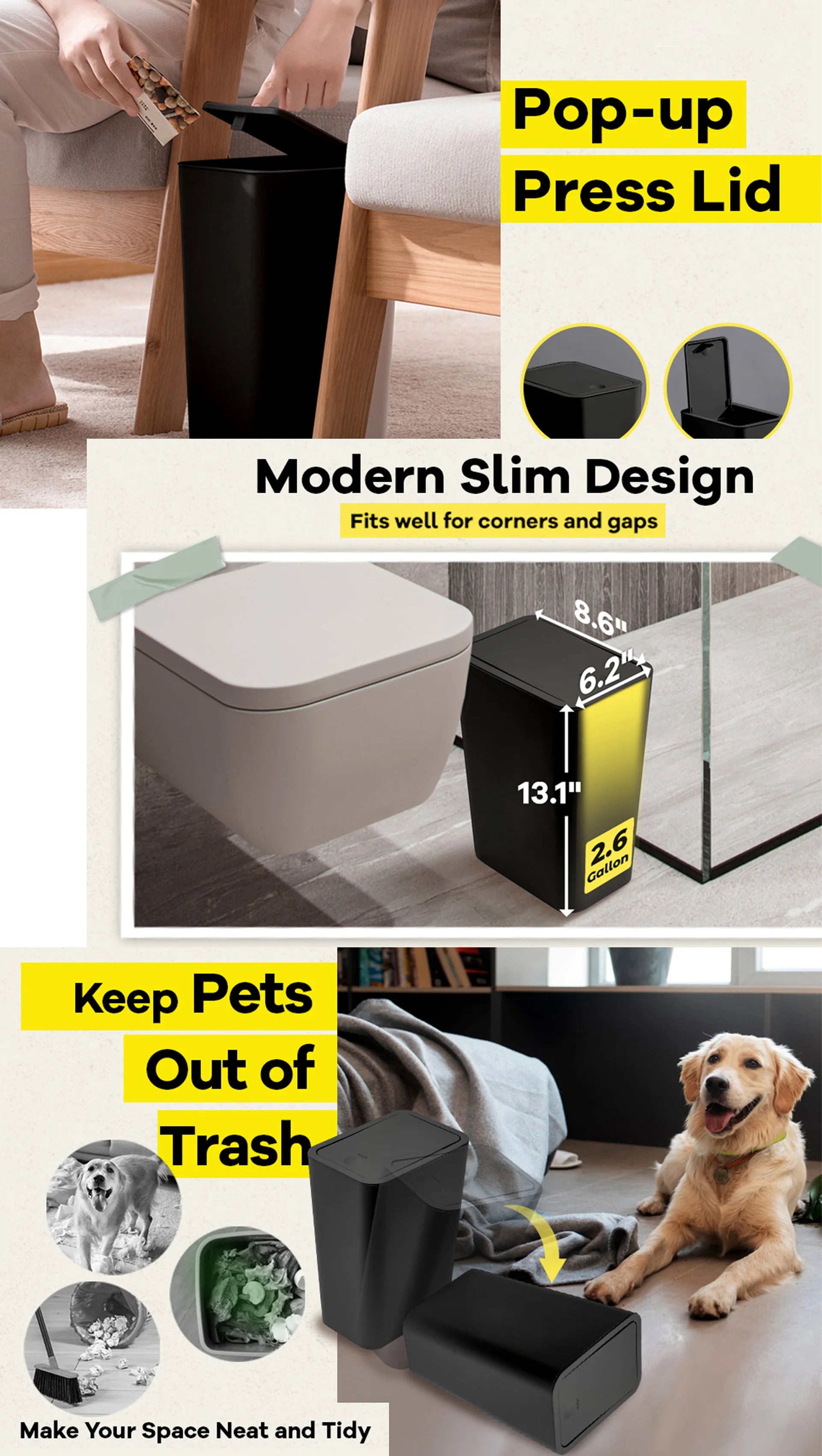 Bathroom Trash Can - 10L Small Garbage Can with Press Top Lid for Toilet,Bedroom,Living Room – Plastic Wastebasket with Pop - up Lid - Kaiju Mafia