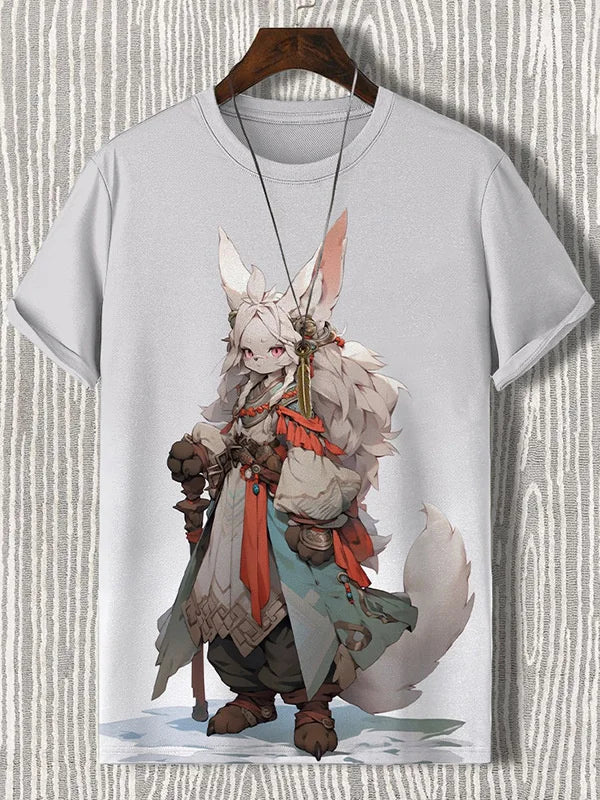 3D graphic tee featuring a fantasy character with large ears and colorful attire, set against a textured background.