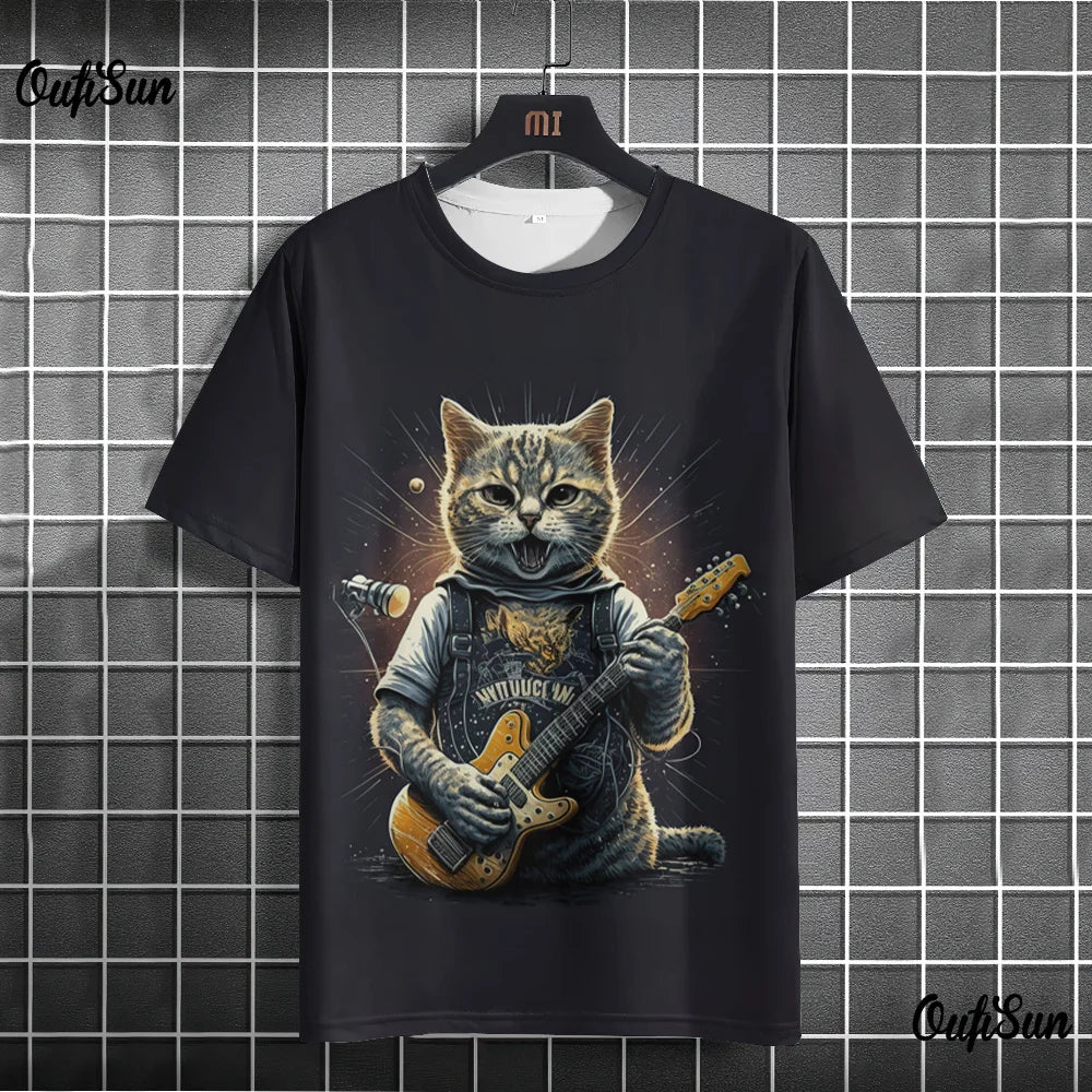 3D graphic tee featuring a cat playing guitar, showcasing vibrant colors and detailed design for casual wear.