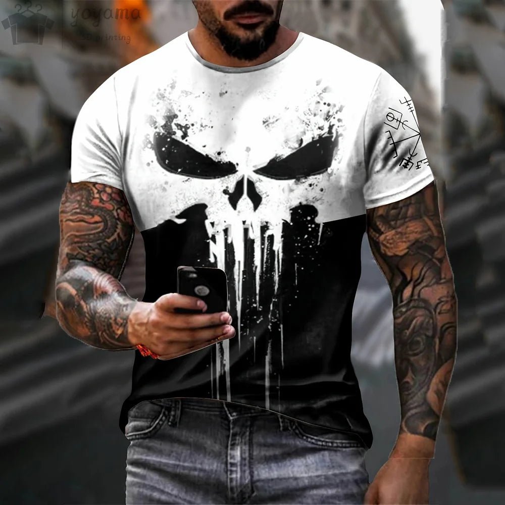 Patriotic Skull 3D Print Military Tee for Men - Short-Sleeve O-Neck Top - Kaiju Mafia