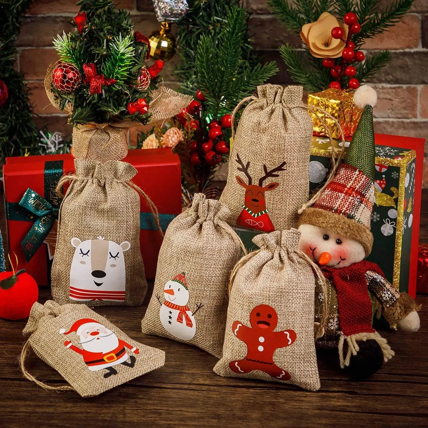 10/1PCS Christmas Candy Gifts Drawstring Bags Linen Bundle Pocket Bracelet Jewelry Burlap Storage Bags Xmas Gift Packaging Bags - Kaiju Mafia