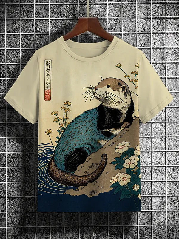 Japanese art otter graphic t-shirt on display with vibrant colors and intricate design