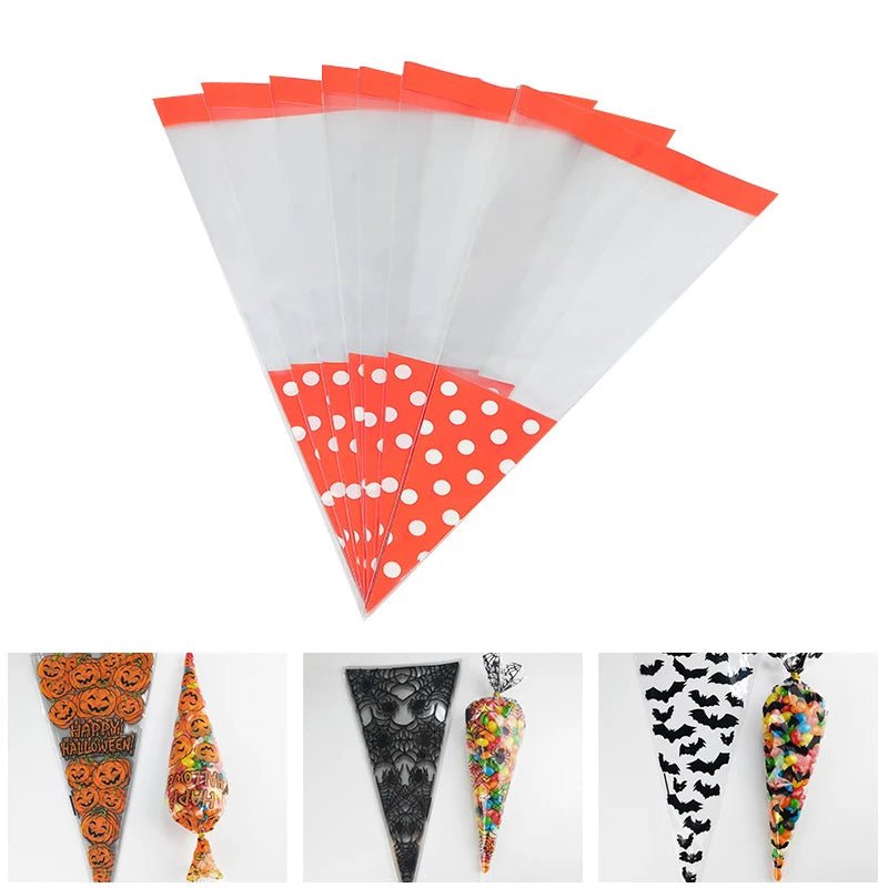 50pcs/Lot DIY Candy Bag Wedding Favors Halloween Christmas Party Decor Sweet Cellophane Print Cone Storage with Organza Pouches - Kaiju Mafia