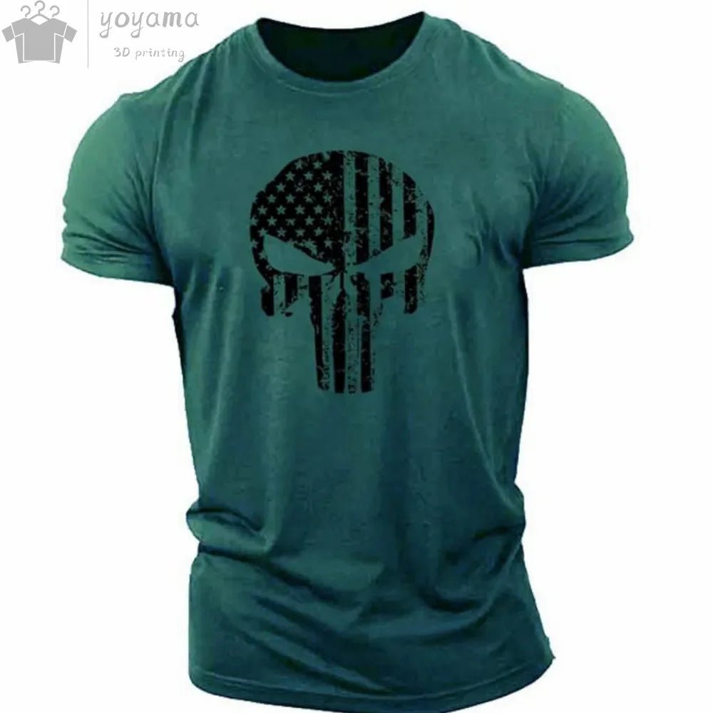 Patriotic Skull 3D Print Military Tee for Men - Short-Sleeve O-Neck Top - Kaiju Mafia