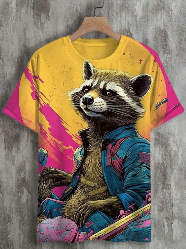 Colorful graphic t-shirt featuring a cartoon raccoon in a jacket, set against a vibrant yellow and pink background.