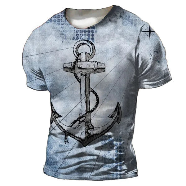 Vintage anchor graphic tee designed for casual streetwear, featuring a detailed anchor print on a textured background.