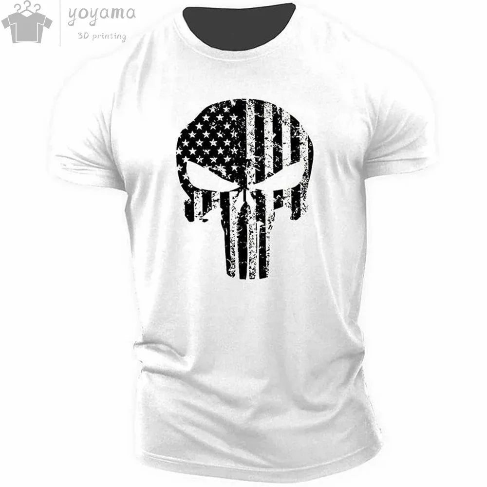Patriotic Skull 3D Print Military Tee for Men - Short-Sleeve O-Neck Top - Kaiju Mafia