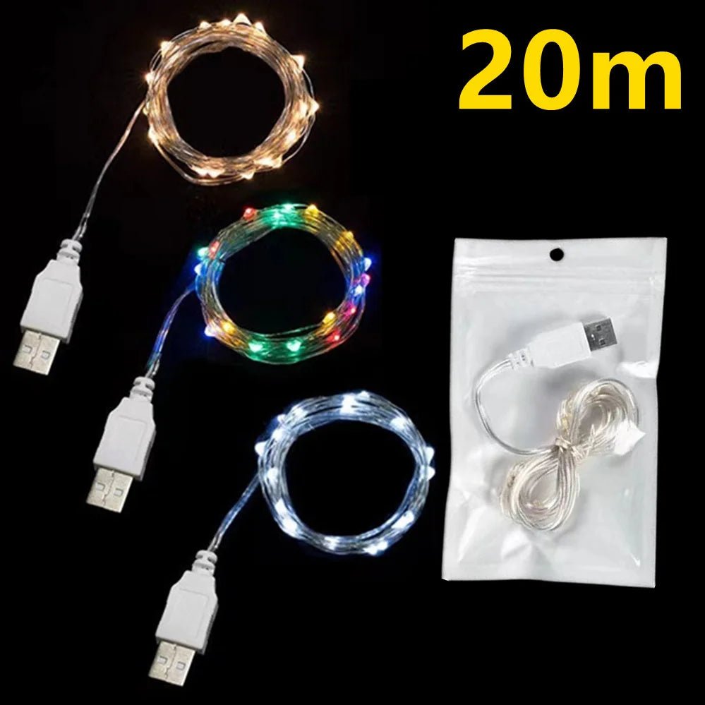5/10/20M USB LED String Lights Copper Silver Wire Garland Light Waterproof Fairy Lights For Christmas Wedding Party Decoration - Kaiju Mafia