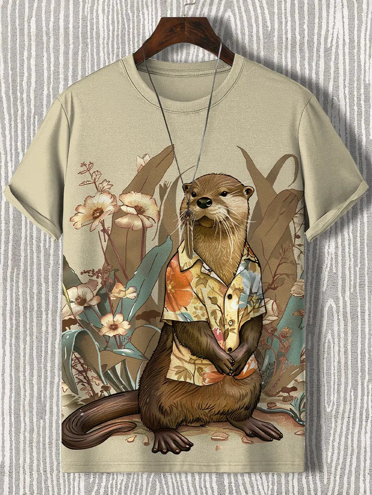 Otter wearing a Hawaiian shirt graphic tee, surrounded by flowers, ideal for casual summer wear.