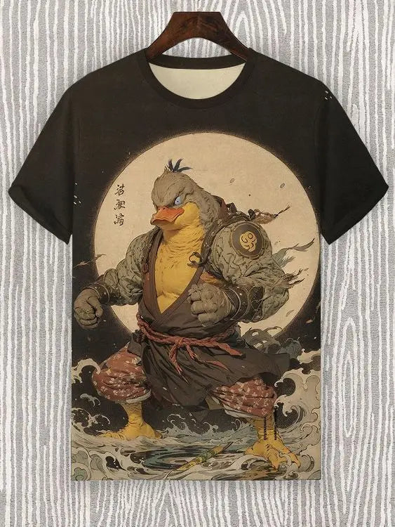 Japanese graphic t-shirt featuring a muscular duck warrior in traditional attire with a full moon backdrop.