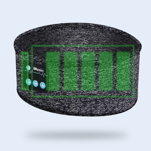 Wireless Bluetooth V5.0 sports headband showcasing music control and battery indicator on a textured fabric background.