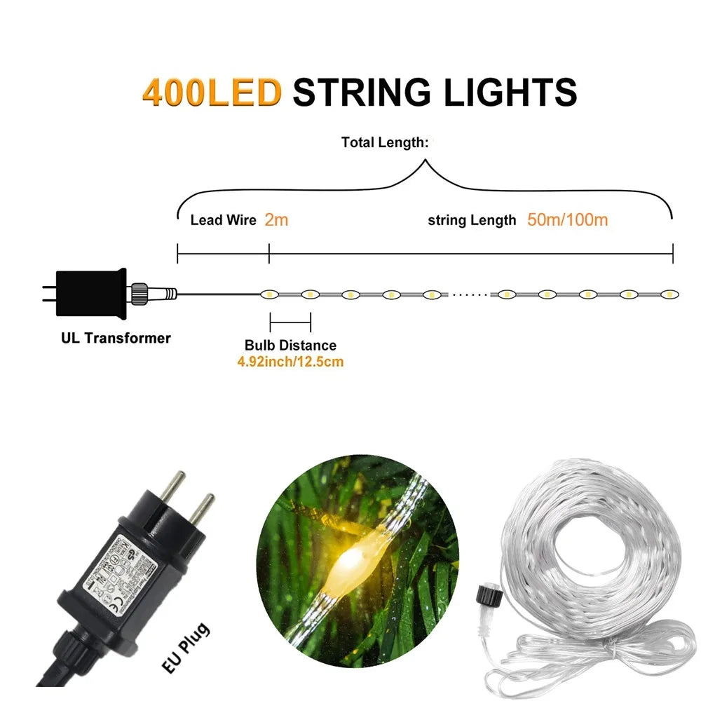 Outdoor Fairy Lights 100/150M Waterproof Garland IP67 EU/US Plug Starry String Lights Christmas Decorations 2025 Festoon Led